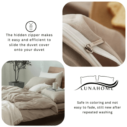 Premium single size 4 pieces duvet cover set, plain beige color. - BusDeals