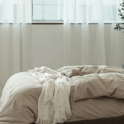 Premium single size 4 pieces duvet cover set, plain beige color. - BusDeals
