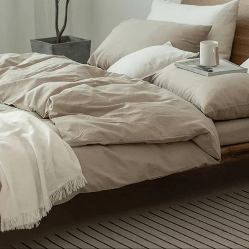 Premium single size 4 pieces duvet cover set, plain beige color. - BusDeals