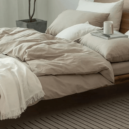 Premium single size 4 pieces duvet cover set, plain beige color. - BusDeals