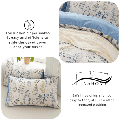 Queen size 6 piece bedding set, featuring a beautiful blue leaf design.