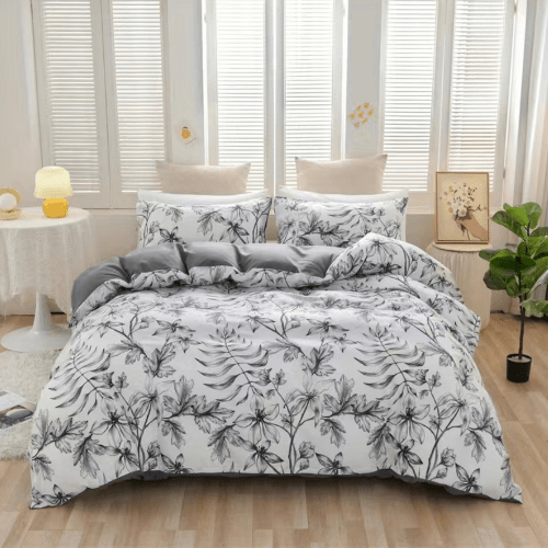 Queen size 6 piece bedding set with gray leaf pattern, very soft quality.
