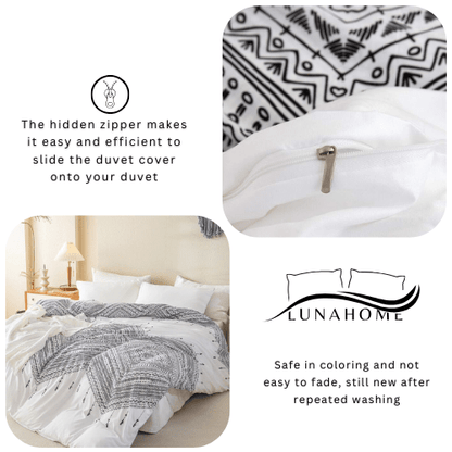 Queen size 6 piece boho bedding set in black and white without filling.