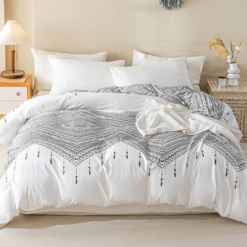 Queen size 6 piece boho bedding set in black and white without filling.
