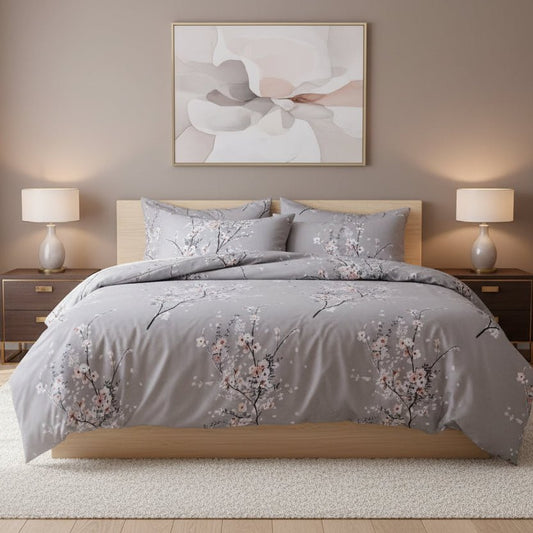 Queen size 6 piece duvet cover set gray plum blossom bedding set. - BusDeals