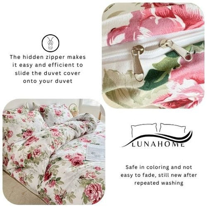 Queen size 6-piece duvet cover set rose print with green leaves.