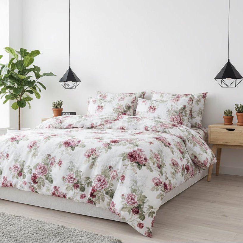 Queen size 6-piece duvet cover set rose print with green leaves.