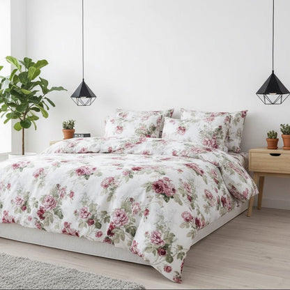 Queen size 6-piece duvet cover set rose print with green leaves.