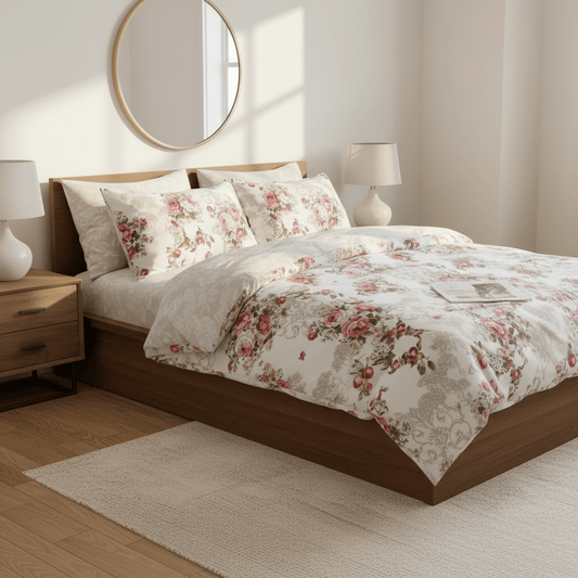 Queen size 6-piece duvet cover set with Burgundy roses, reversible style.