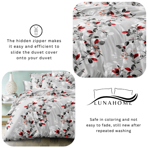 Queen size 6 - piece modern duvet cover set with red leaf pattern. - BusDeals