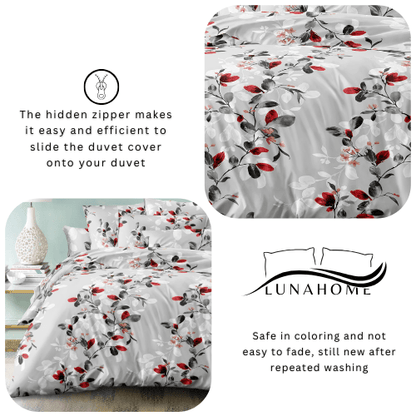 Queen size 6 - piece modern duvet cover set with red leaf pattern. - BusDeals