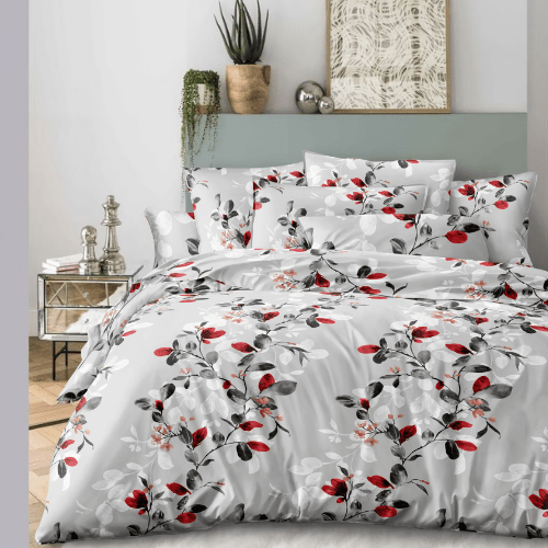 Queen size 6 - piece modern duvet cover set with red leaf pattern. - BusDeals