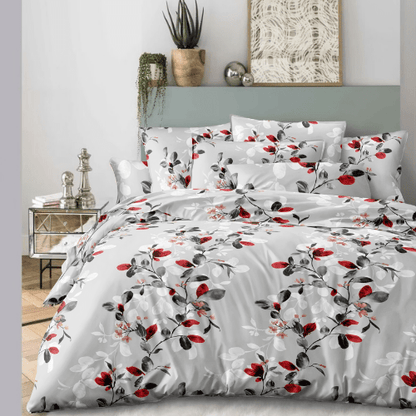 Queen size 6 - piece modern duvet cover set with red leaf pattern. - BusDeals