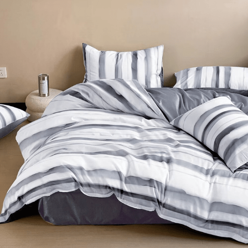 Queen size, 6-piece, reversible duvet cover set featuring a striped design in a vibrant gray color