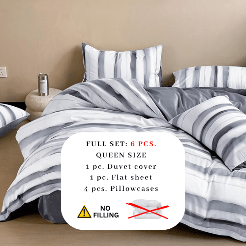 Queen size, 6-piece, reversible duvet cover set featuring a striped design in a vibrant gray color