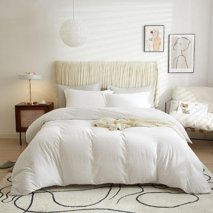 Queen size 6 pieces Bedding Set, Washable Cotton Plain Snow White Color Design. - BusDeals