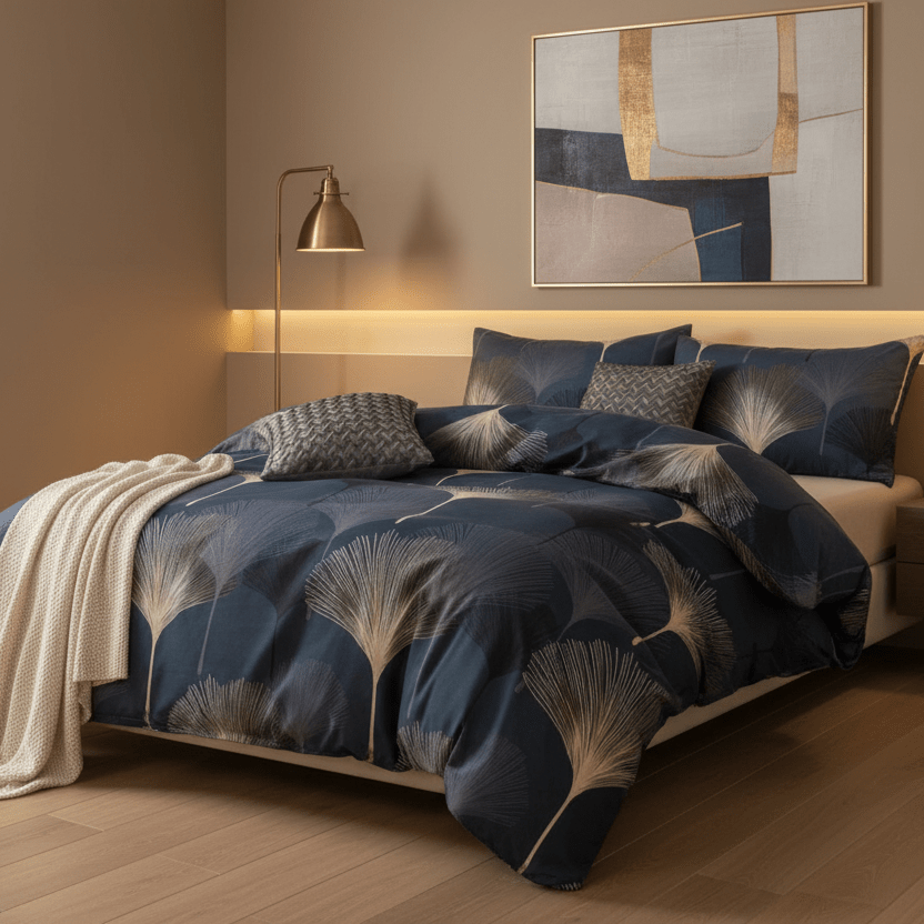 Queen size 6 pieces Bedding Set without filling , Dark Blue Elegant Leaf Design.