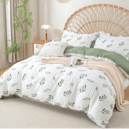 Queen size 6 Pieces Botanical fresh Green Leaf/Leaves Reversible Design.
