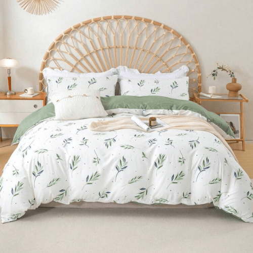 Queen size 6 Pieces Botanical fresh Green Leaf/Leaves Reversible Design.