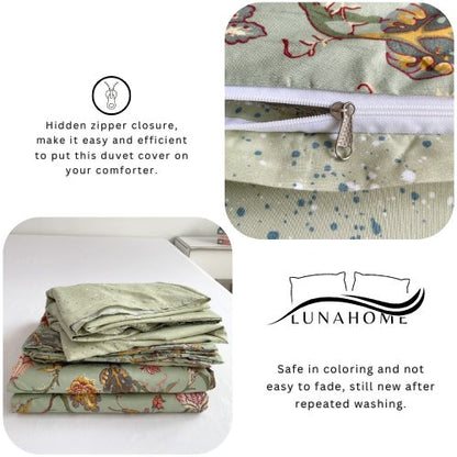 Queen Size 6 Pieces, Reversible Style Duvet Cover Set, Roses Design with Dark Khaki Color.