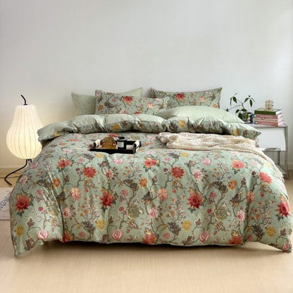 Queen Size 6 Pieces, Reversible Style Duvet Cover Set, Roses Design with Dark Khaki Color.