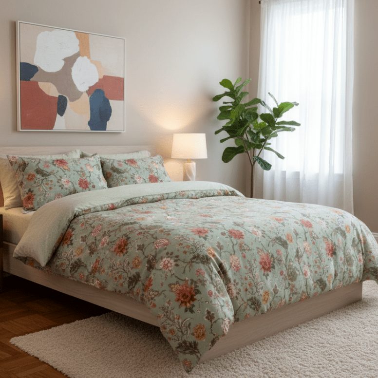 Queen Size 6 Pieces, Reversible Style Duvet Cover Set, Roses Design with Dark Khaki Color.