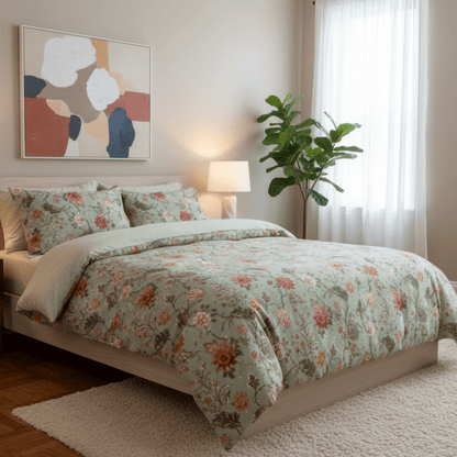 Queen Size 6 Pieces, Reversible Style Duvet Cover Set, Roses Design with Dark Khaki Color.