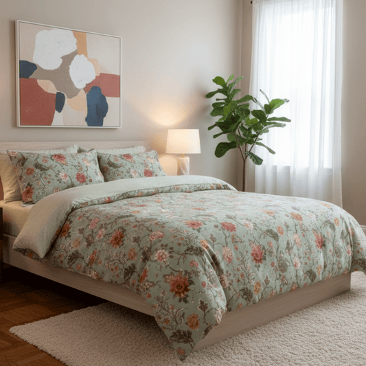 Queen Size 6 Pieces, Reversible Style Duvet Cover Set, Roses Design with Dark Khaki Color.