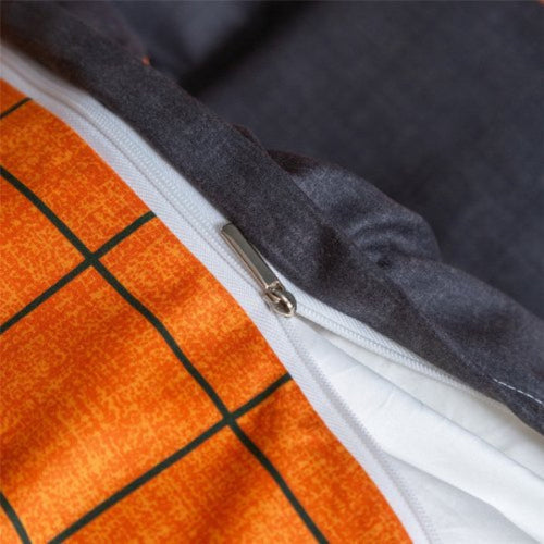 Single size 4 pieces, dark grey color, with orange Stripes. Duvet cover set Filling not included.