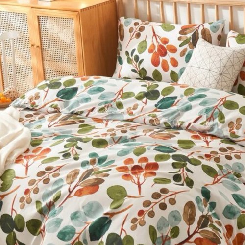Queen size Bedding Set without filler 6 pieces , Green Color Leaves Design