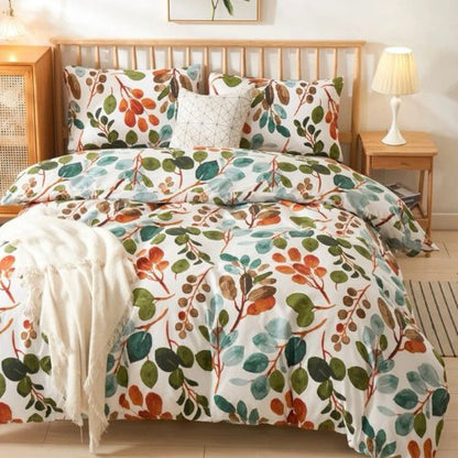 Queen size Bedding Set without filler 6 pieces , Green Color Leaves Design