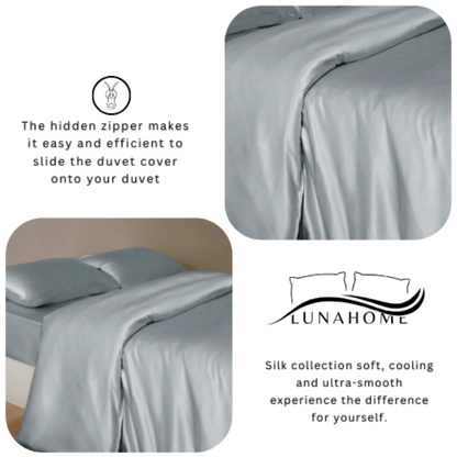 Silky Satin, King Size 6 - Piece Bedding Set, Plain Silver Gray Color. - BusDeals