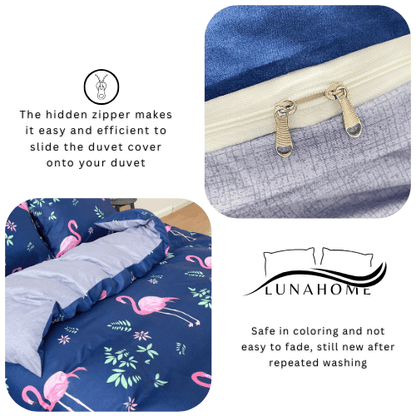 Single size, 4 - piece beautiful pink flamingo design in a lovely shade of blue. - BusDeals