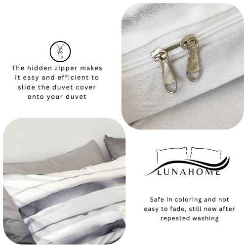 Single size, 4-piece, reversible duvet cover set featuring a striped design in a vibrant gray color.