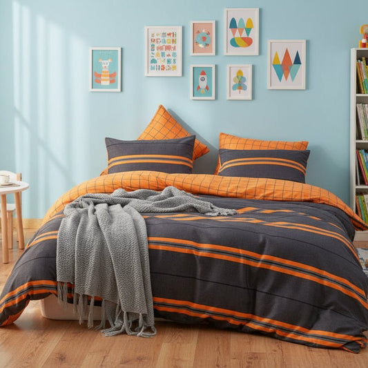 Single size 4 pieces, dark grey color, with orange Stripes. Duvet cover set Filling not included. - BusDeals