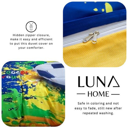 Single Size, Duvet Cover, Bedding Set of 4 Pieces, Soccer Ball 3D Design.