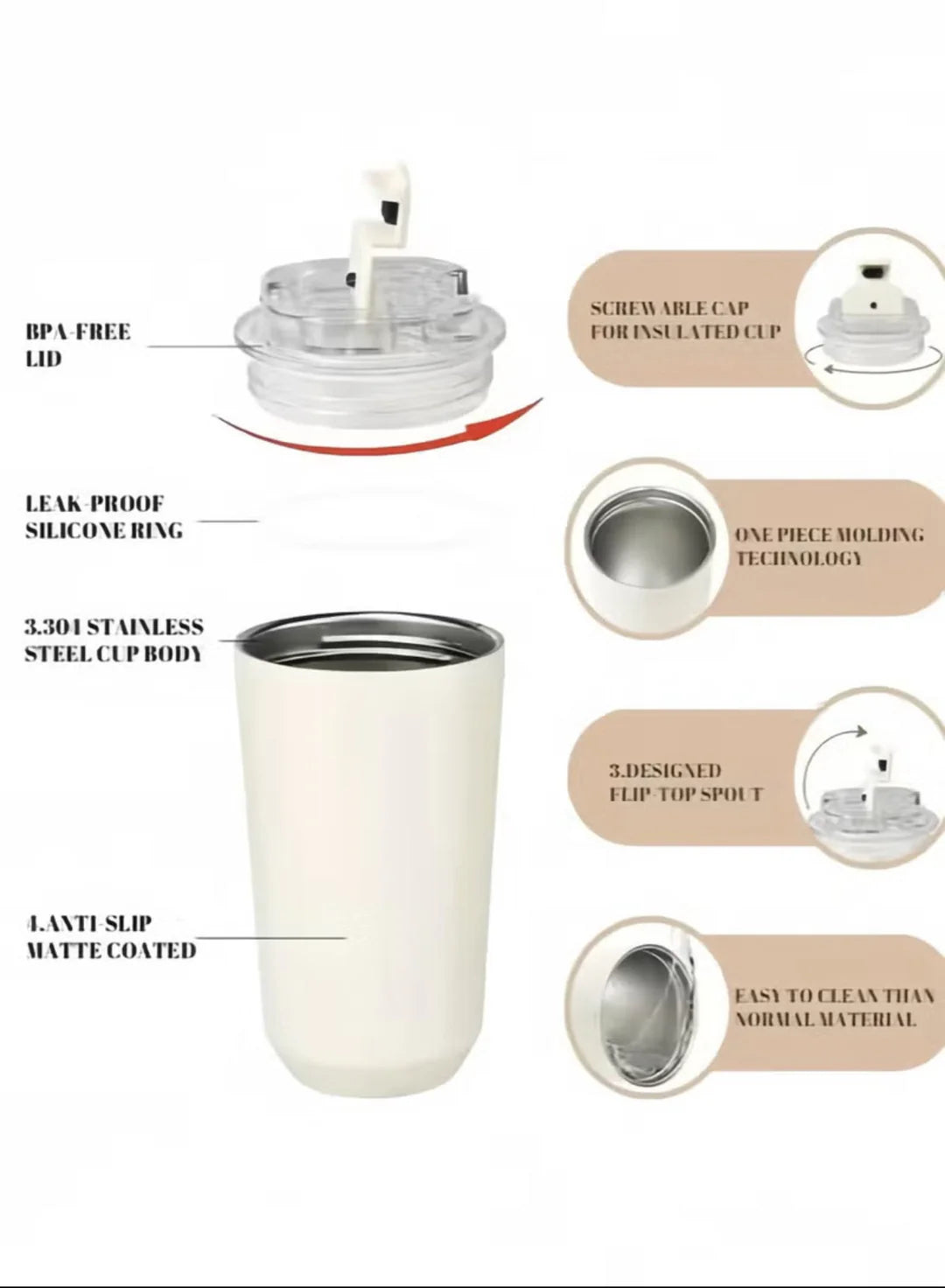 SMEG Wall Mug, 240ml Insulated Stainless Steel Coffee mug, Cream