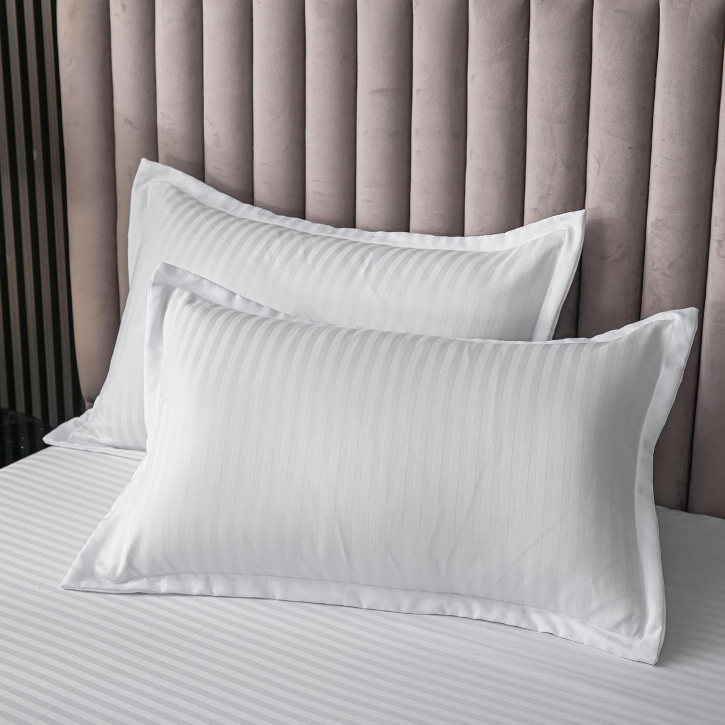 Stripped Cotton 100% King size 6 pieces, Plain white bedding set. - BusDeals
